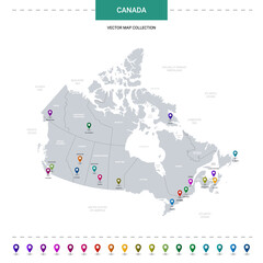 Canada map with location pointer marks. Infographic vector template, isolated on white background.