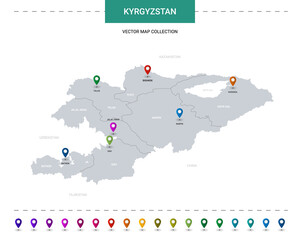 Obraz premium Kyrgyzstan map with location pointer marks. Infographic vector template, isolated on white background.