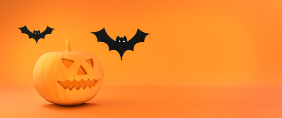 Halloween flat 3d background. Orange illustration for autumn celebration of halloween. Pumpkin and bats. 3D rendering.