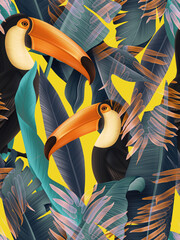 Amazing tropical flowers patten. Seamless design with gorgeus botanical elements, hibiscus, palm, tucan birds. Iridescent tileable background © Natalia @themishaart