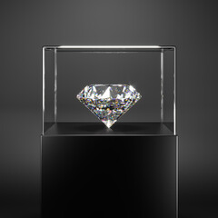 An expensive diamond on a stand under a glass dome. Shows perfect cut and light refraction. 3d rendering.
