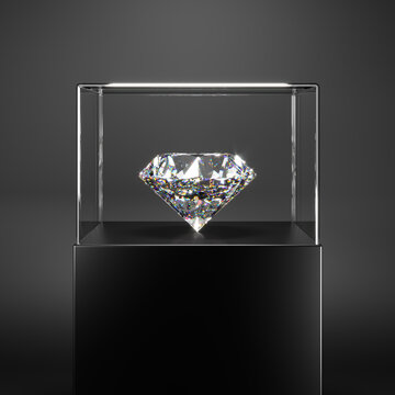 An Expensive Diamond On A Stand Under A Glass Dome. Shows Perfect Cut And Light Refraction. 3d Rendering.