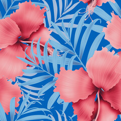 Seamless tropical flower, plant and leaf botanical ornament. Floral Texture for fabric.