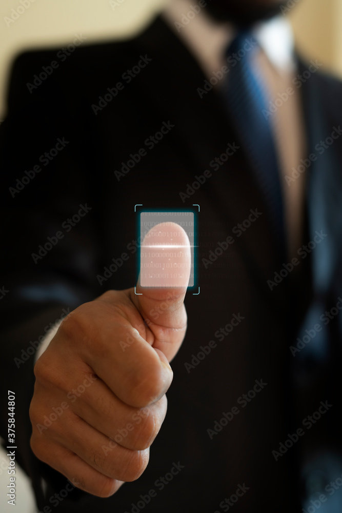 Poster businessmen scan fingerprints to access high-level information through the best security analysis of