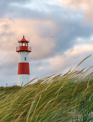Lighthouse and beach grass on a windy day