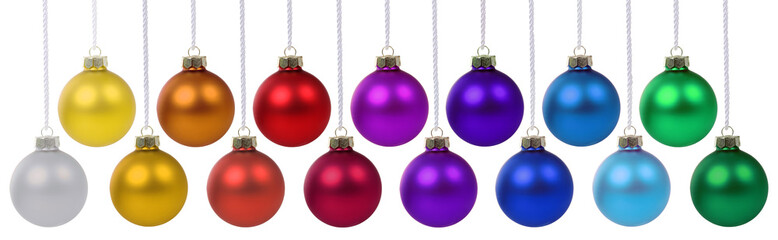 Christmas balls collection many baubles banner colorful decoration hanging isolated on white