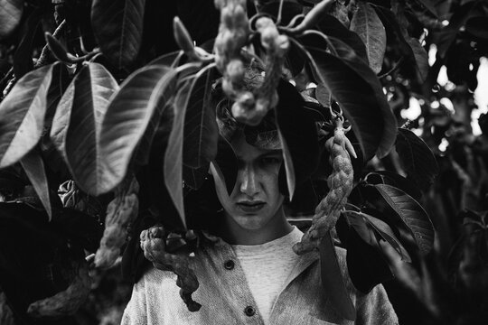 Beautiful male model stands under the large leaves of an exotic tree.