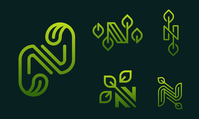 letter N with leaf concepts N logo template letter N icon nature logo template, Letter N initial with green leaf logo vector design template Set Collection