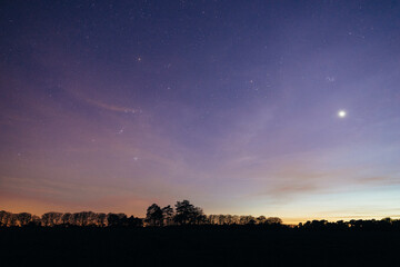 Venus, The Pleiades and Orion over rural landscape at night.