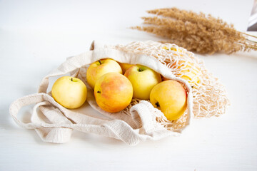 Fresh apples in a mesh shopping bag. No waste, no plastic. Organic harvest concept. Flat lay