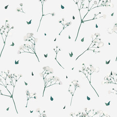 White posy pattern. Gypsophila twigs repeating pattern. Bridal seamless pattern. Baby's breath.