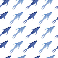 Seamless pattern with blue fish. Seafood, underwater world, sea, ocean, water, food.