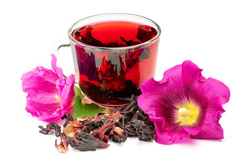 Hibiscus or mallow herbal tea. Hibiscus tea, flower and dry blossom isolated on white background.