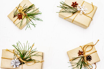 New Year or Christmas gifts with pine branches and cones as Zero waste concept