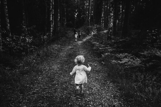 Toddler girl on path in forest