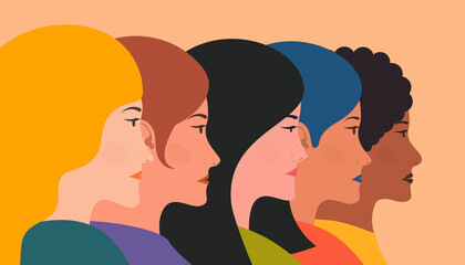Group of beautiful women with different hair and skin color. Feminism concept. Vector illustration