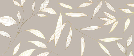 Luxury Golden leaf art deco wallpaper. Nature background vector. Floral pattern with tropical plant line art on trendy color background. Vector illustration.