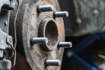 Front wheel car suspension. Brake disc and wheel hub of a car. Stock photo