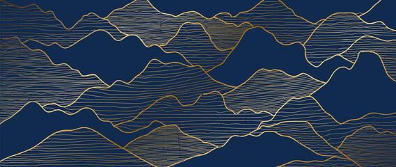 Gouden bergen art deco geïsoleerd op zwarte achtergrond. Luxe behangontwerp met bladgoud glanzende schets van berglandschap. vector illustratie