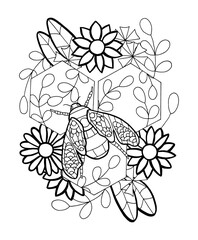 Outline vector illustration of bee, honeycomb, flowers, leaves for anti-stress coloring book isolated on a white background. Coloring page for adults and children, zen tangle, doodle