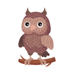 Feathered Owl Sitting on Tree Branch as Forest Night Bird Vector Illustration