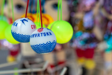 Biograd Croatia August 2020 Two plastic balls , toys for children, with the inscription Hrvatska...
