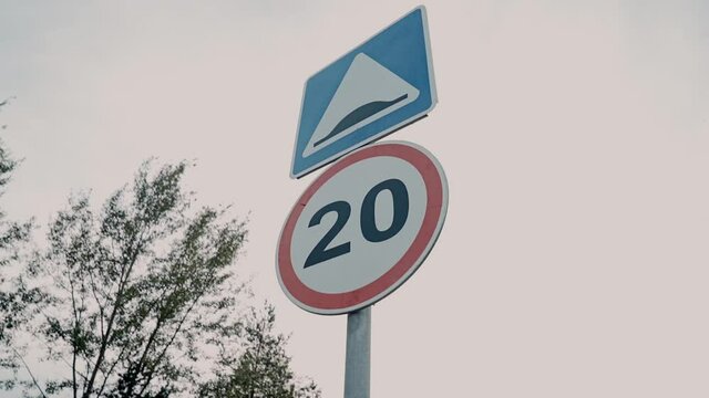 Speed limit sign 20 kilometers per hour. Shooting in motion.