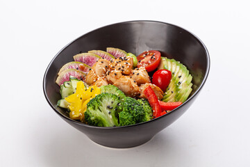 Organic food. Tuna poke bowl with crystal noodles, fresh red cabbadge, avocado, cherry tomatoes. Food concept poke bowl on white background, Top view, Closeup.
