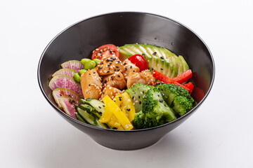 Organic food.  Tuna poke bowl with crystal noodles, fresh red cabbadge, avocado, cherry tomatoes. Food concept poke bowl on white background
,Top view, Closeup.
