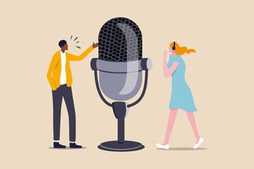Podcast in episodic series of digital audio records broadcast or streaming via internet for easy listeners, professional podcasters man and woman talk with big podcast microphone and wearing headphone - obrazy, fototapety, plakaty