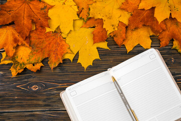 A notebook with an empty space for text on a pile of bright autumn leaves against a dark wooden table