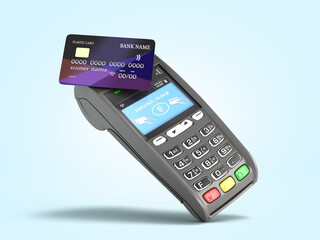 contactless payment by credit card through the terminal 3d render on blue gradient - obrazy, fototapety, plakaty