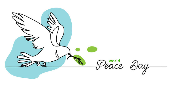 World Peace Day minimal background, web banner with white dove, pigeon and olive branch. One continuous line drawing background with lettering Peace Day.