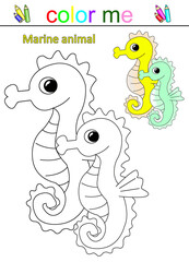 Illustration coloring book with images of sea animals. Children's pictures with colorful animals and a sketch for coloring on a white background close-up.