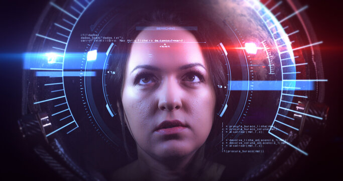 Close Up VFX Shot Of The Young Beautiful Female Astronaut In Space Helmet. She Is Exploring Outer Space In A Space Suit. Science And Technology Related VFX Concept 3D Illustration Render