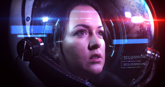 Portrait Shot Of The Young Beautiful Female Astronaut In Space Helmet. She Is Exploring Outer Space In A Space Suit. Science And Technology Related VFX Concept 3D Illustration Render