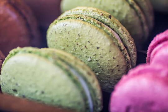 Colorful macaroons in natural light horizontal detail
