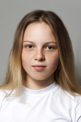portrait of a beautiful young 16 year old girl in a white t-shirt without makeup. natural beauty concept