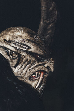 handmade carved wooden mask from a krampus