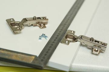 spare parts for furniture assembly top view. furniture fittings background. 