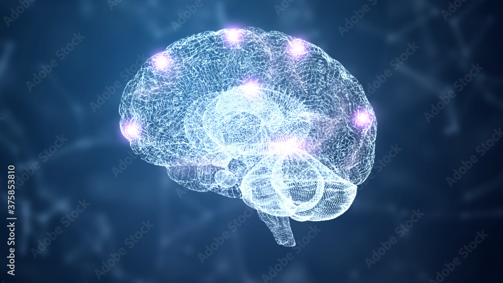 Poster abstract medical blue glow brain wireframe network and connecting dot in space background. futuristi