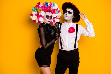 Portrait of his he her she glamorous elegant fashionable trendy couple wearing festal carnival clothes look outfit posing event isolated bright vivid shine vibrant yellow color background