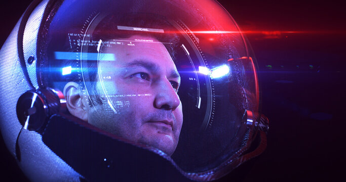 Young Brave Male Astronaut In Space Helmet Looking At Camera Slowly. He Is Exploring Outer Space In A Space Suit. Science And Technology Related VFX 3D Illustration Render