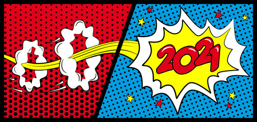 2021 - Carte de vœux artistique dans le style bande dessinée, avec des couleurs primaires rouge, bleu et jaune.