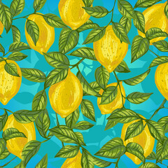 seamless pattern with lemons and leaves