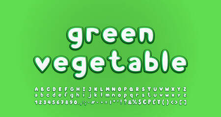 Health food emblem Green Vegetable. Cartoon font white green color on bright green background. Alphabet set of Uppercase and lowercase letters, numbers. Vector illustration