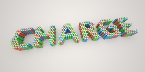 CHARGE word made with batteries, wide shot. Modern electrical technologies conceptual 3d rendering