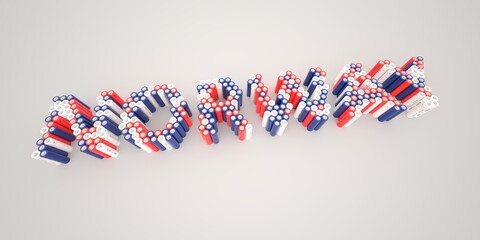 NORWAY word made with batteries, wide shot. Modern electrical technologies conceptual 3d rendering
