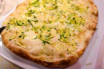Pinsa romana, traditional italian food in Roma, variety of pizza