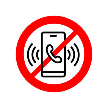No phone talking forbidden sign - crossed modern smartphone with incoming call and sound signal waves - information element